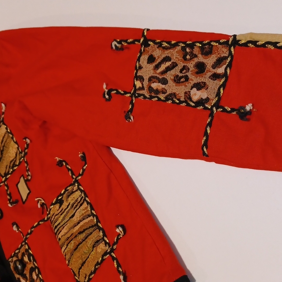 Allure red long sleeve jacket size medium w/ patches of animal print squares - Picture 2 of 10